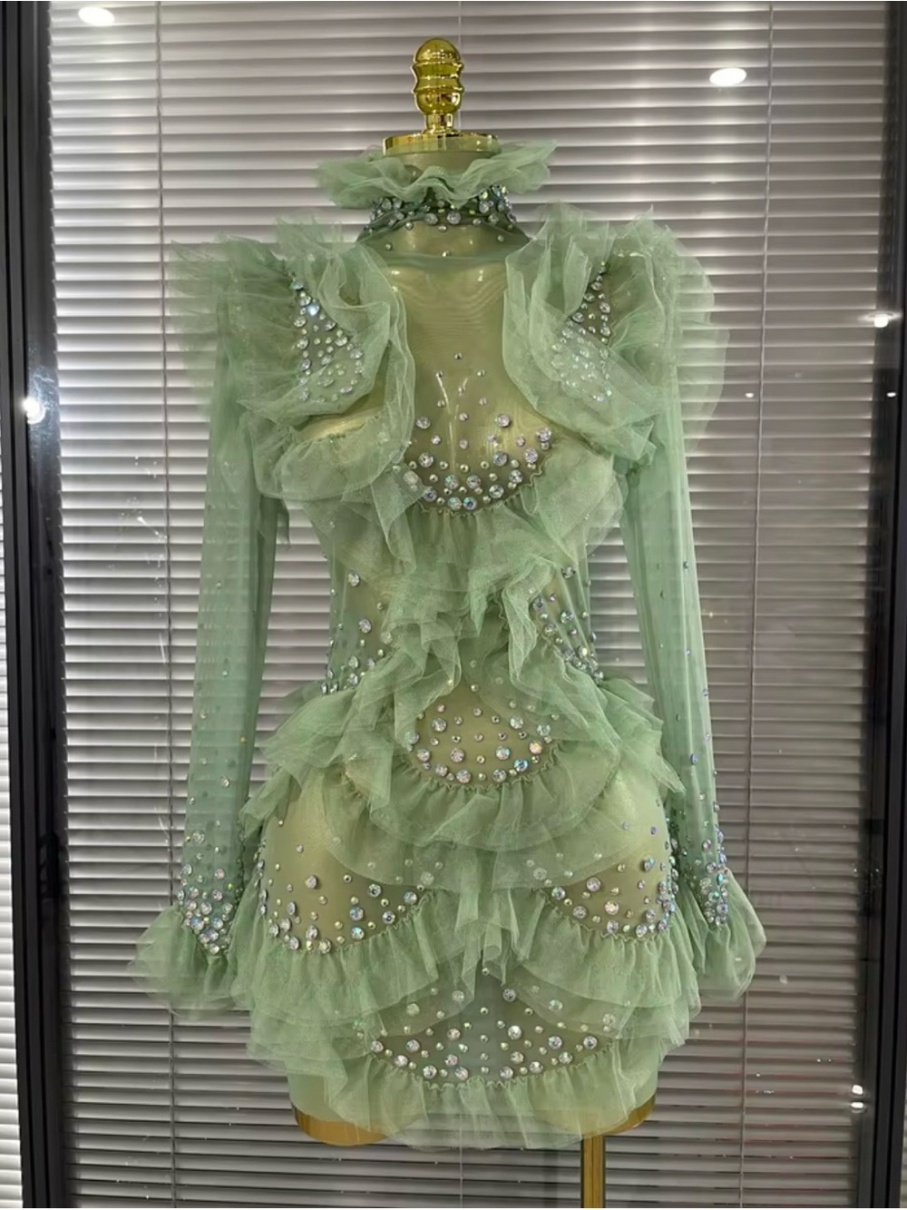 Embellished Ruffle Tulle Mini Dress - Light Green